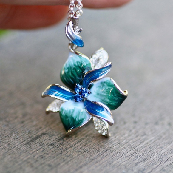 Teal Blue Green Orchid Flower Enamel Pendant Sterling Silver 925 - Picture 4 of 10